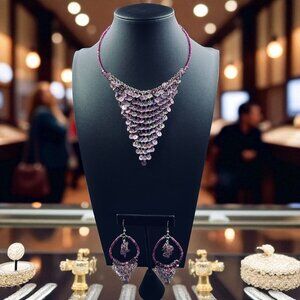 Pink Purple Sequin Statement Necklace‎ Earrings Set Festival Costume Party